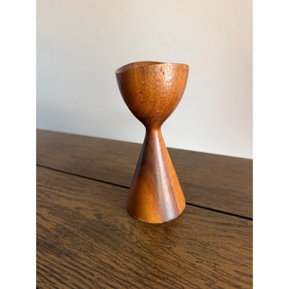 Vintage Teak Wood Candle Holder 6in Brown Good MCM Hourglass Danish